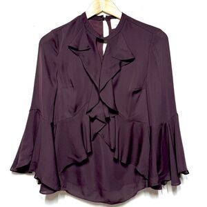 Cinq A Sept Ruffled Bell Sleeve Silk Blouse in Burgundy XS NWOT